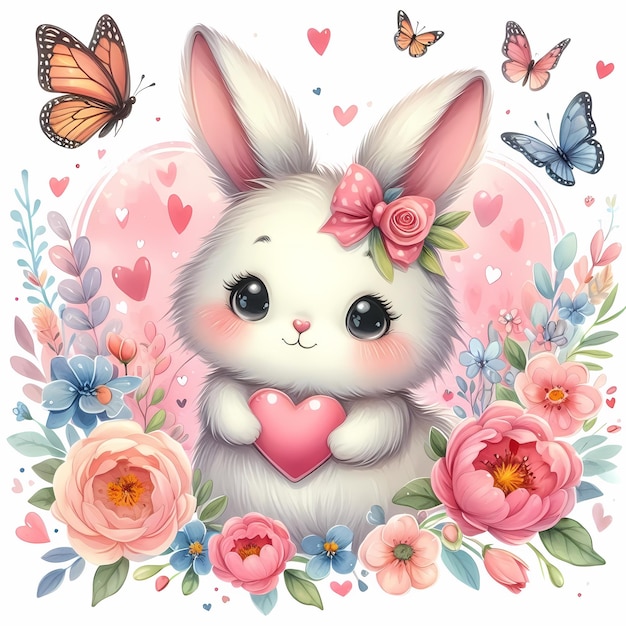 Um coelho com um coração e borboletas à sua volta.