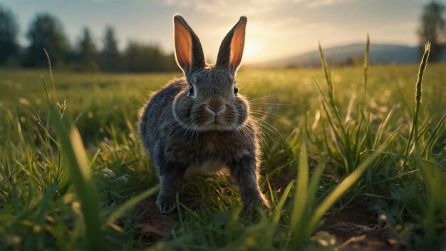 um coelho com um pôr-do-sol atrás dele