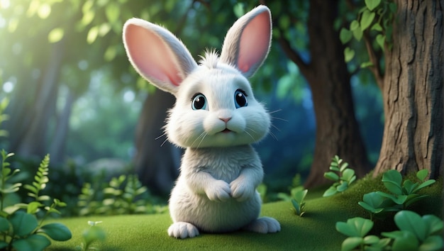 um coelho com um rosto branco e orelhas e um fundo verde