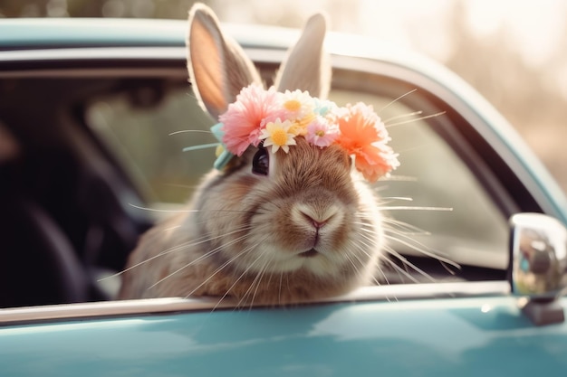 Um coelho com uma coroa de flores está sentado em um carro.