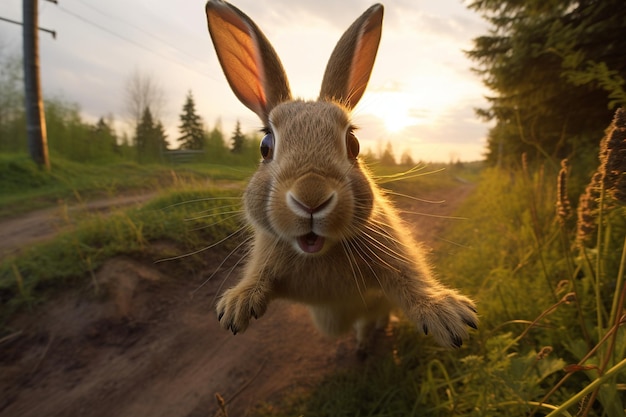 Foto um coelho com uma expressão de surpresa como se reagisse a um barulho súbito