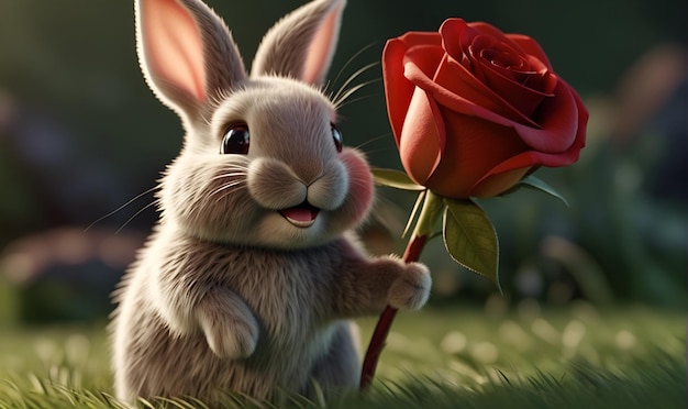 um coelho com uma flor de rosa em um gramado verde