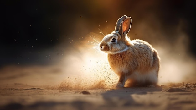 Um coelho corre pela areia com o sol brilhando sobre ele.