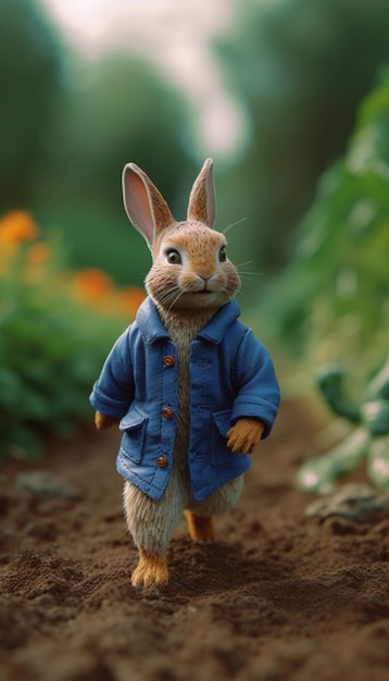 Um coelho de casaco azul caminha por um jardim.