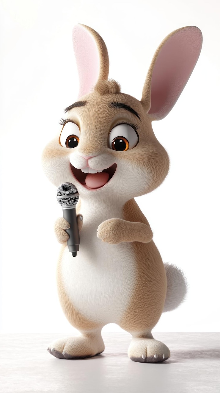 Foto um coelho de desenho animado alegre segurando um microfone pronto para se apresentar ou cantar