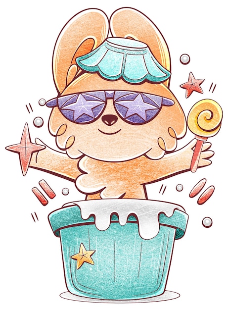 Foto um coelho de desenho animado em um balde com uma estrela nele