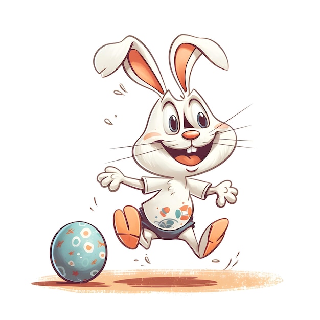 Um coelho de desenho animado está correndo com um ovo de páscoa azul.