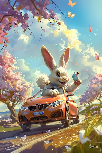 um coelho de desenho animado está montado em um carro com um pássaro no telhado