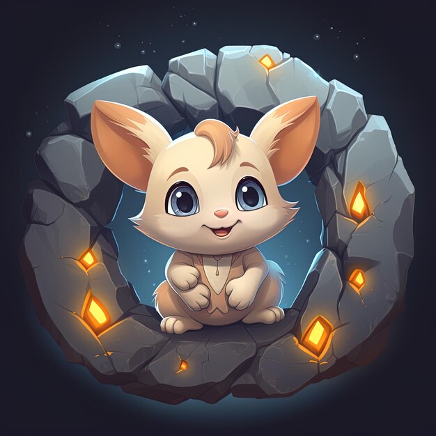 Foto um coelho de desenho animado sentado em uma caverna com luzes ao redor