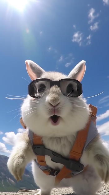 Um coelho de óculos escuros e um colete com o sol brilhando.