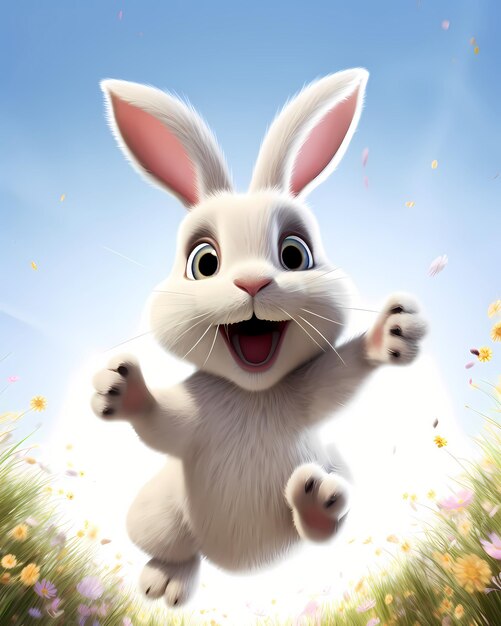 Um coelho de Páscoa feliz e bonito a sorrir a caminhar