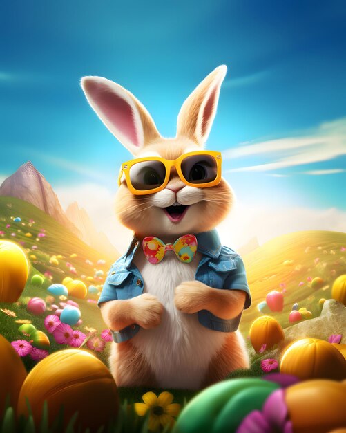Um coelho de Páscoa sorridente e colorido usando óculos de sol