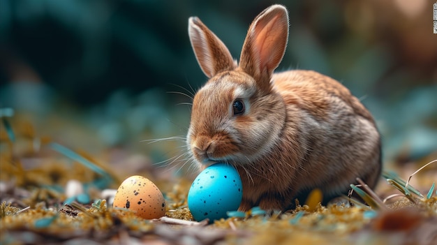 Um coelho de pé ao lado de ovos coloridos na floresta