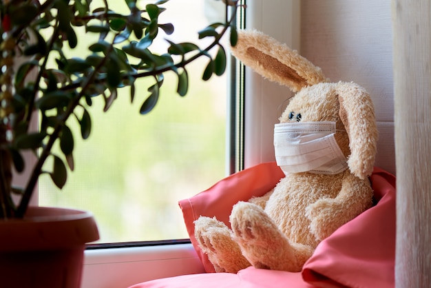Um coelho de pelúcia com uma máscara senta-se em travesseiros em um cobertor perto da janela.