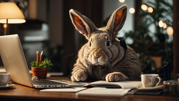 Um coelho diligente digitando em um laptop cercado de papelada em um escritório caseiro aconchegante