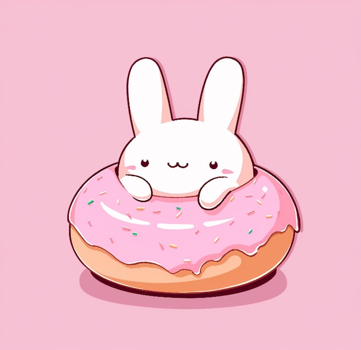 Foto um coelho dormindo em um donut rosa com glasura rosa e salpicaduras sobre ele