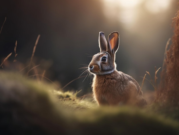 Um coelho em um campo com um brilho dourado