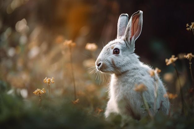 Um coelho em um campo de flores