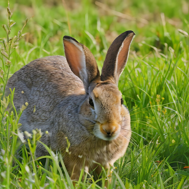 um coelho em um campo de grama com um rosto e orelhas brancas
