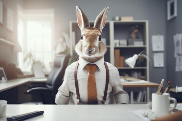 Foto um coelho em uma camisa branca com uma gravata senta-se na mesa do escritório um coelho no escritório com uma gravata