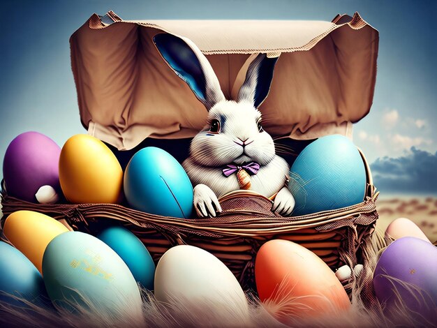 Um coelho em uma cesta com ovos de páscoa