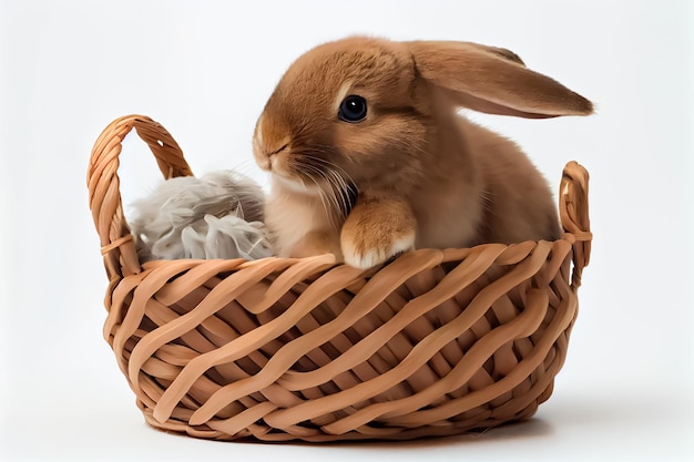 Um coelho em uma cesta contra um fundo branco Coelho com fundo branco feliz páscoa