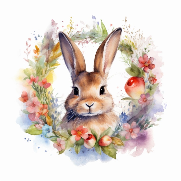 Um coelho em uma coroa de flores com uma maçã vermelha