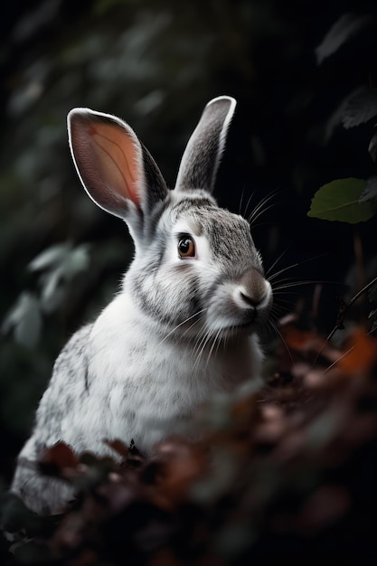 Um coelho em uma floresta com fundo preto