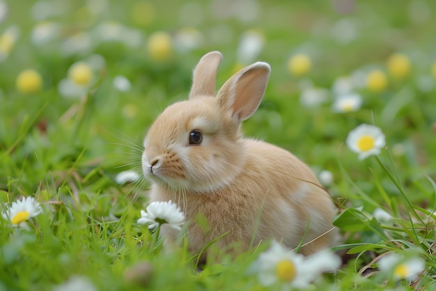 Um coelho encantador brincando em um idílico prado de primavera com margaridas em flor