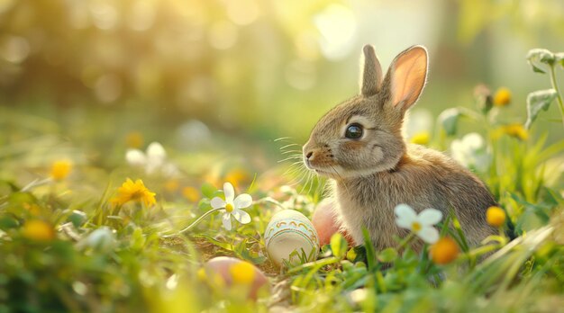 Um coelho entre flores e ovos de Páscoa à luz do sol