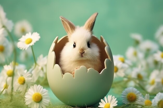 Um coelho espiando de um ovo de Páscoa rachado entre margaridas em um fundo azulado