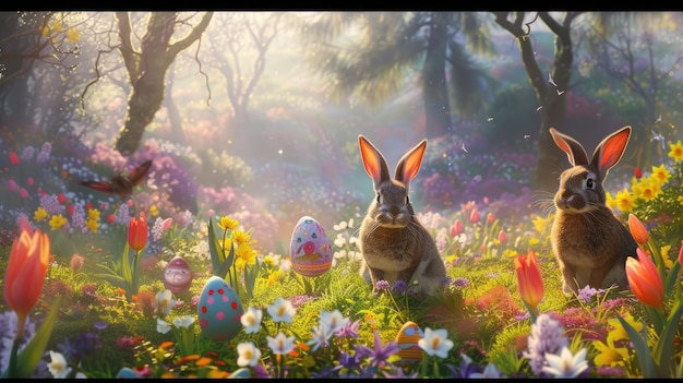 Um coelho está aninhado entre as flores em um prado da floresta