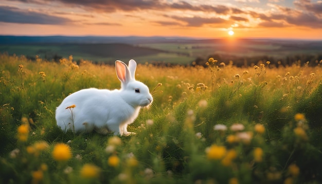 Foto um coelho está de pé num campo de flores e o sol está a pôr-se