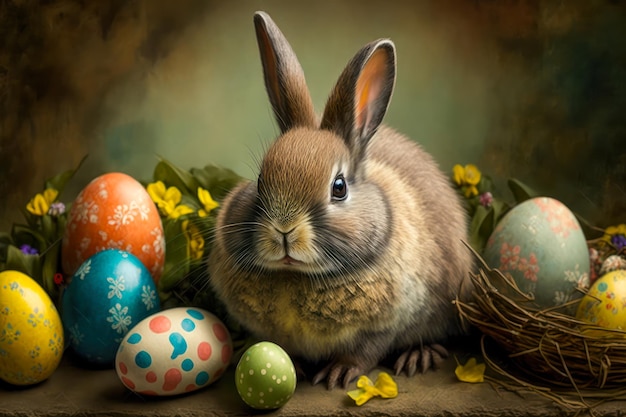 Um coelho está sentado ao lado de uma cesta cheia de ovos de Páscoa Generative AI