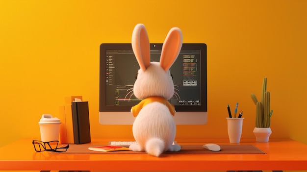 um coelho está sentado em uma mesa na frente de um monitor com um lápis e lápis na frente dele