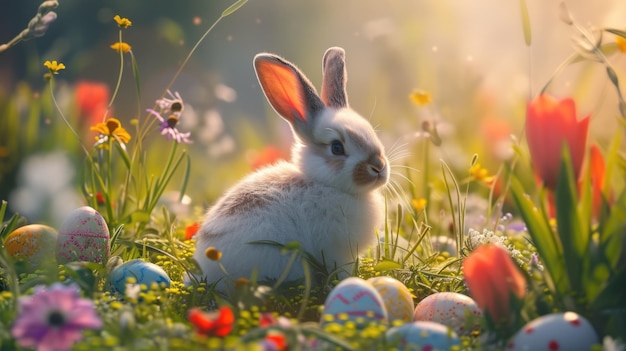 Um coelho feliz está cercado de ovos de Páscoa na paisagem natural gramada