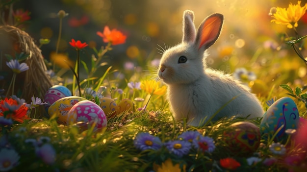 Um coelho feliz está cercado de ovos de Páscoa na paisagem natural gramada