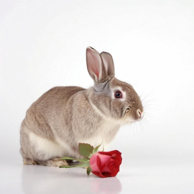 Um coelho isolado com uma rosa no fundo branco