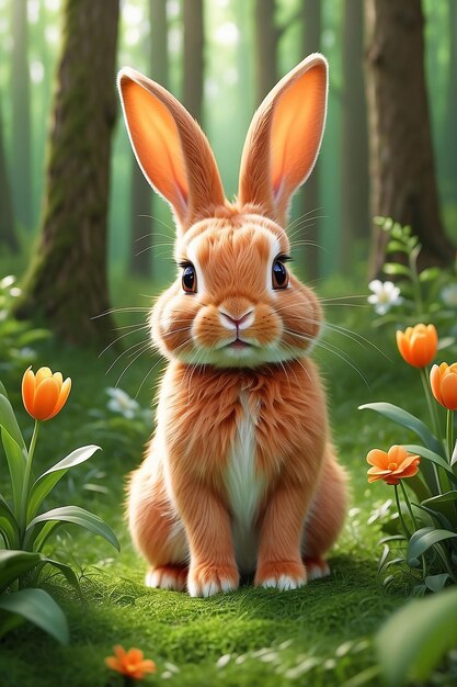 Um coelho laranja selvagem com orelhas grandes em uma floresta verde fresca coelho bebê de primavera ou coelho de Páscoa