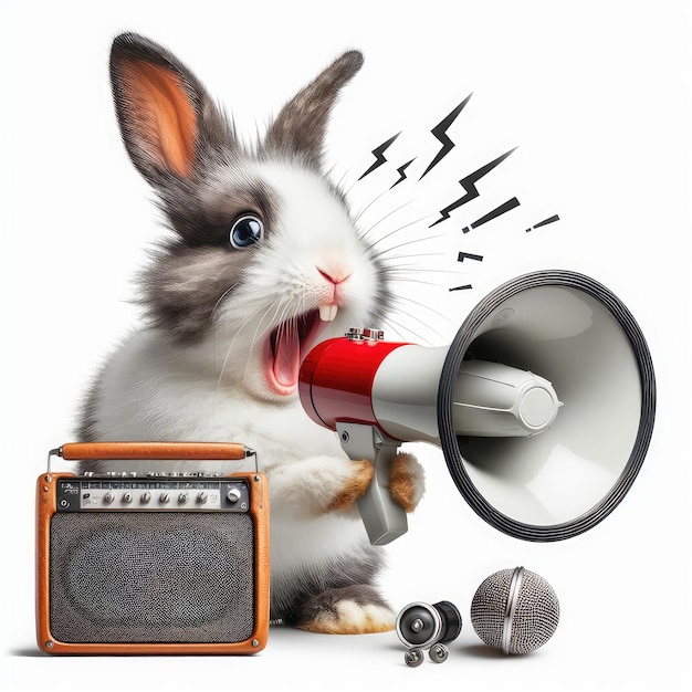 Um coelho louco gritando em um megafone e alto-falante isolado em um fundo branco
