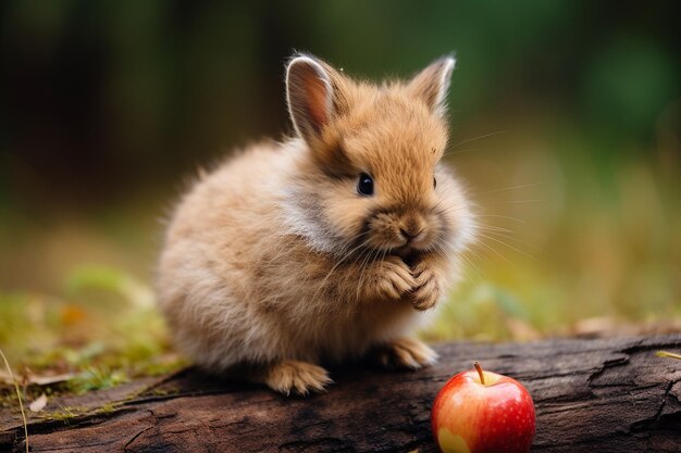 Foto um coelho mordendo uma fatia de maçã crocante