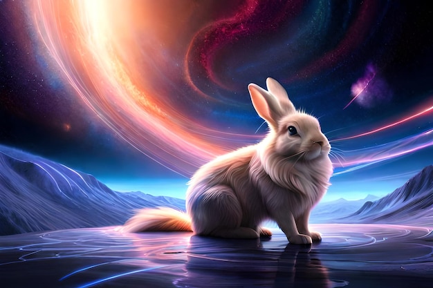 Um coelho na água com um fundo de galáxia