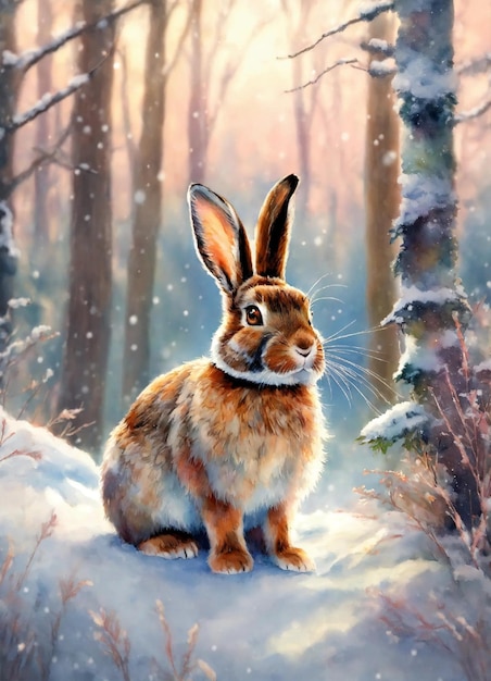 um coelho na neve com um rosto vermelho e bigodes brancos