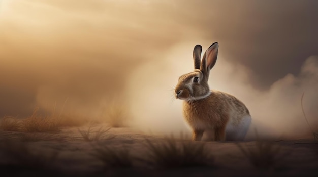 Um coelho no deserto com um fundo pôr do sol