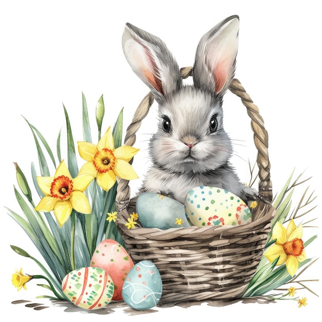 um coelho numa cesta com ovos de Páscoa