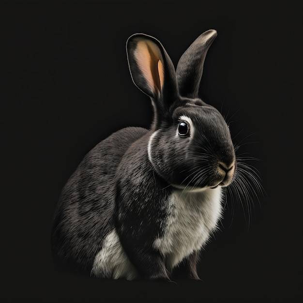 Um coelho preto e branco com rosto preto e peito branco.