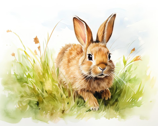 um coelho saltando com grama verde no estilo de aquarelas realistas