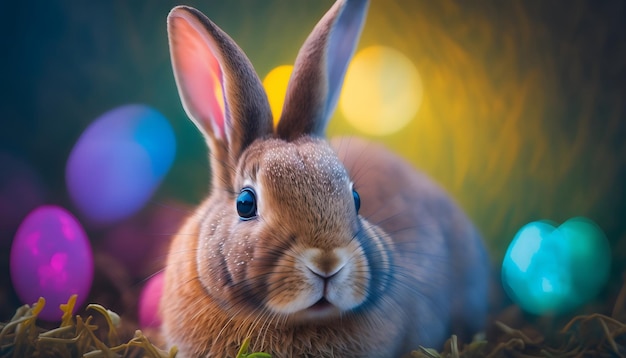 Um coelho senta-se em uma cama de grama com um fundo colorido.