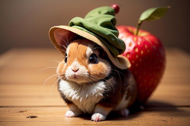 Um coelho senta-se entre melancia, maçã e morango e desfruta de comida deliciosa