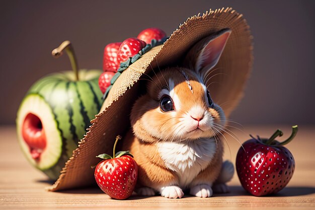 Um coelho senta-se entre melancia, maçã e morango e desfruta de comida deliciosa